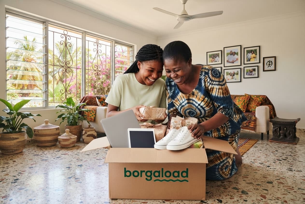 A grandmother and her granddaughter, heads together, laughing as they unpack gifts from a Borgaload box in a bright Ghanaian living room
