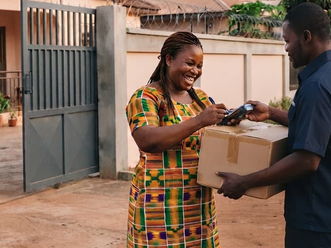 A smiling woman signing for a box at her front gate