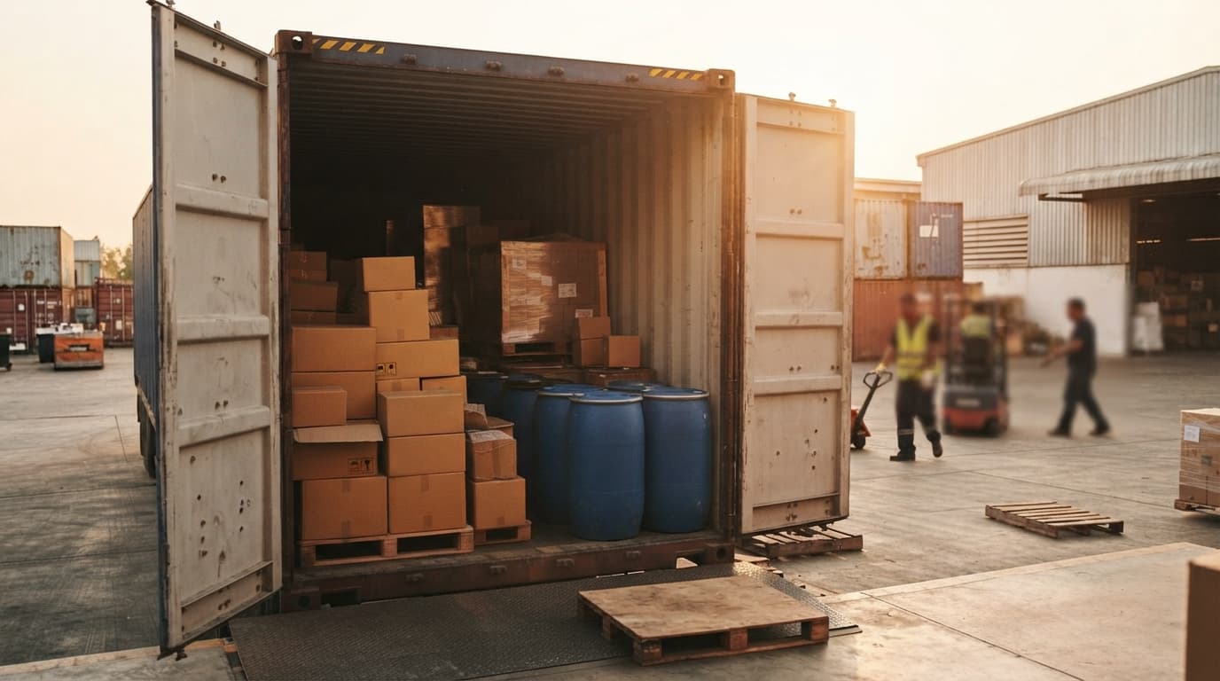 Boxes and blue barrels being loaded into a shipping container